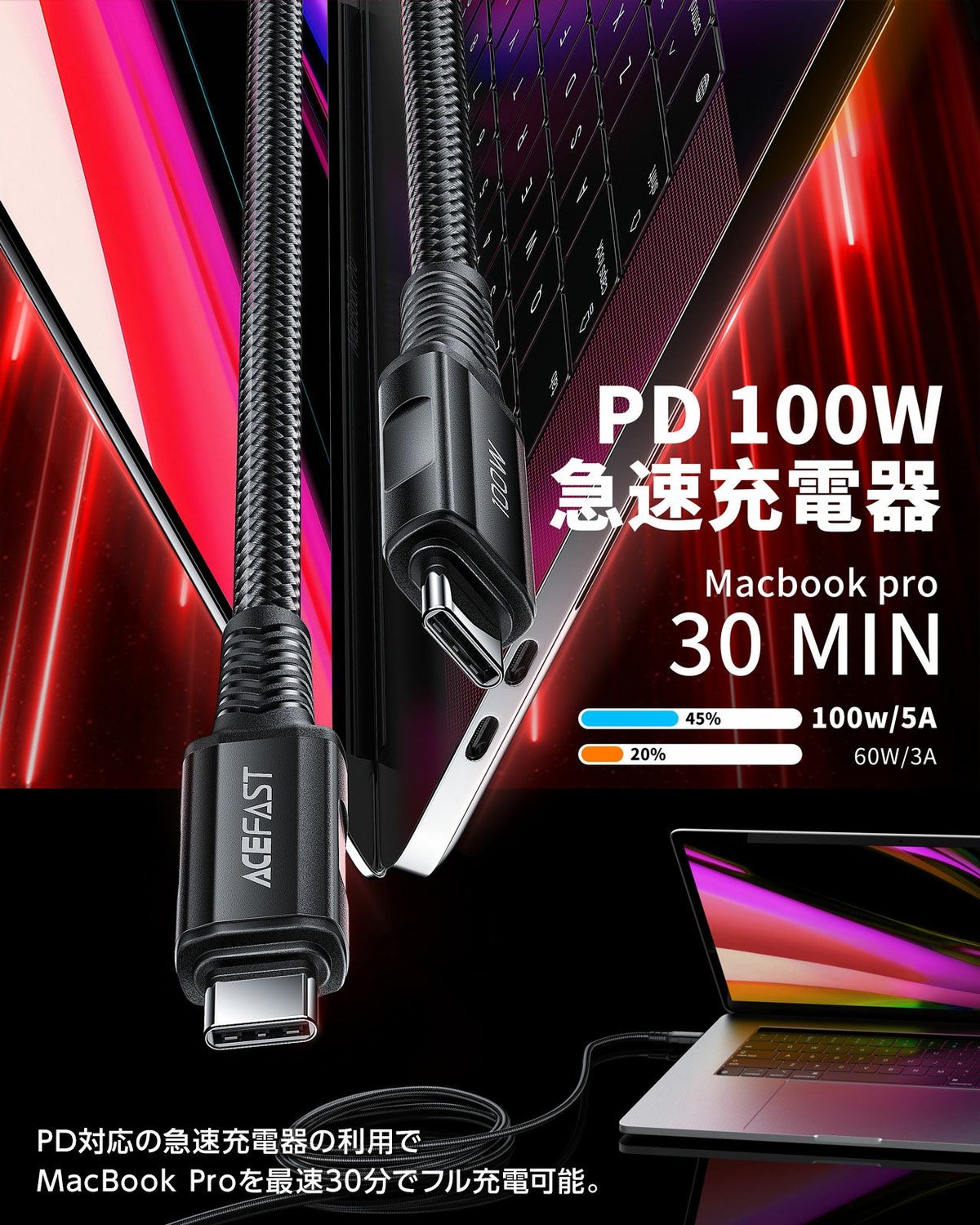 AceFast ブランド Type-c -Type-c ケーブル 2m 急速充電 充電ケーブル 急速 PD 100w USB-C TypeC USB 高速充電 480Mbps 耐久 強化コネクタ PD対応 黒 Black グレー iPad MacBook Pro エースファスト iPhone16