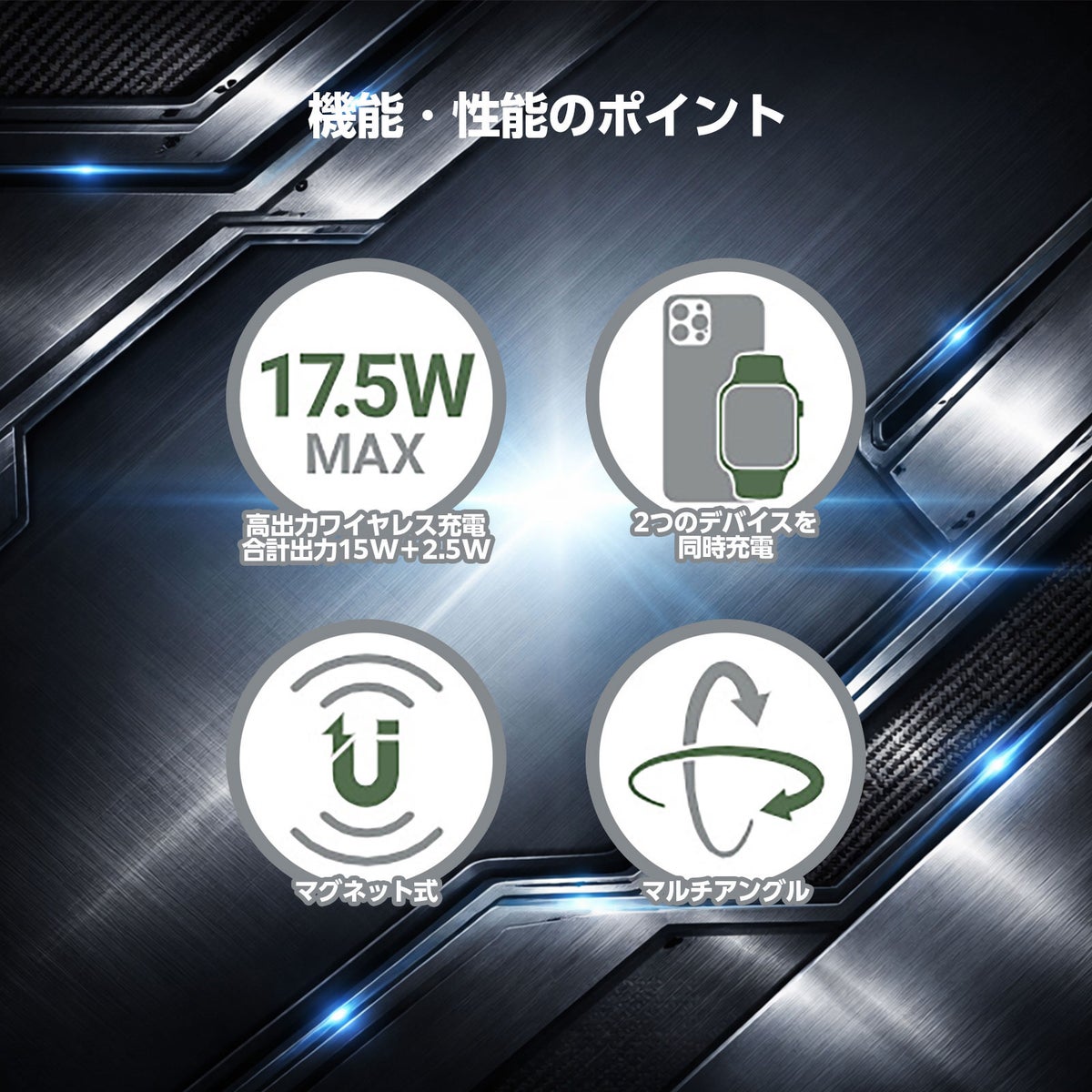 【AceFast】マグネット式 車載2-in-1 2台同時 高速ワイヤレス充電機能付き カーマウントホルダー 15W + 2.5W エースファスト