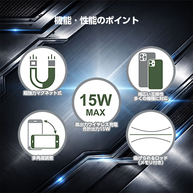 【AceFast】マグネット式 高速ワイヤレス充電機能付き カーマグネットホルダー 15W 角度調整 エースファスト