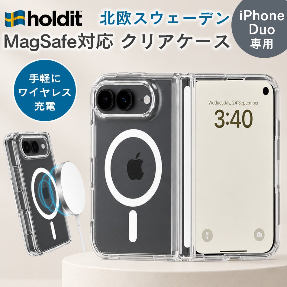 holdit iPhone Duo ケース クリア MagSafe対応 カメラ保護 クリアケース マグセーフ スマホケース 耐傷処理 耐衝撃 衝撃吸収 透明 ワイヤレス充電 おしゃれ シンプル アイフォンケース iPhoneDuo アイフォンデュオ iPhoneDuoケース