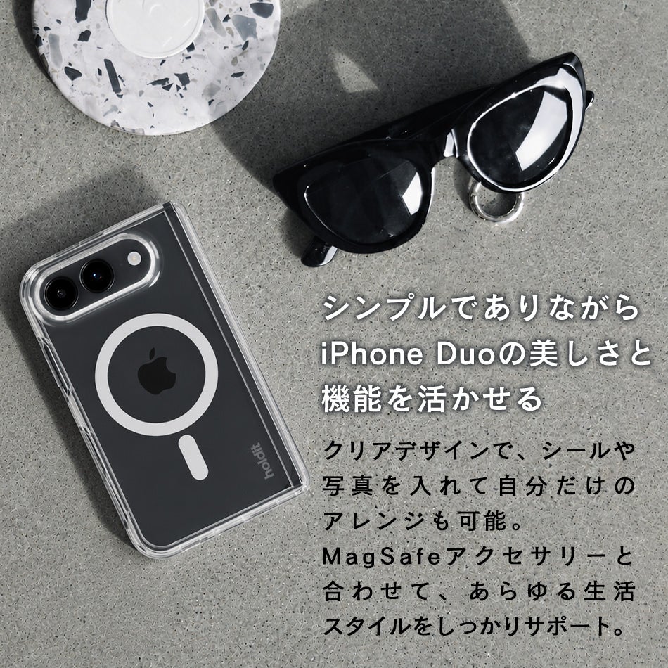holdit iPhone Duo ケース クリア MagSafe対応 カメラ保護 クリアケース マグセーフ スマホケース 耐傷処理 耐衝撃 衝撃吸収 透明 ワイヤレス充電 おしゃれ シンプル アイフォンケース iPhoneDuo アイフォンデュオ iPhoneDuoケース